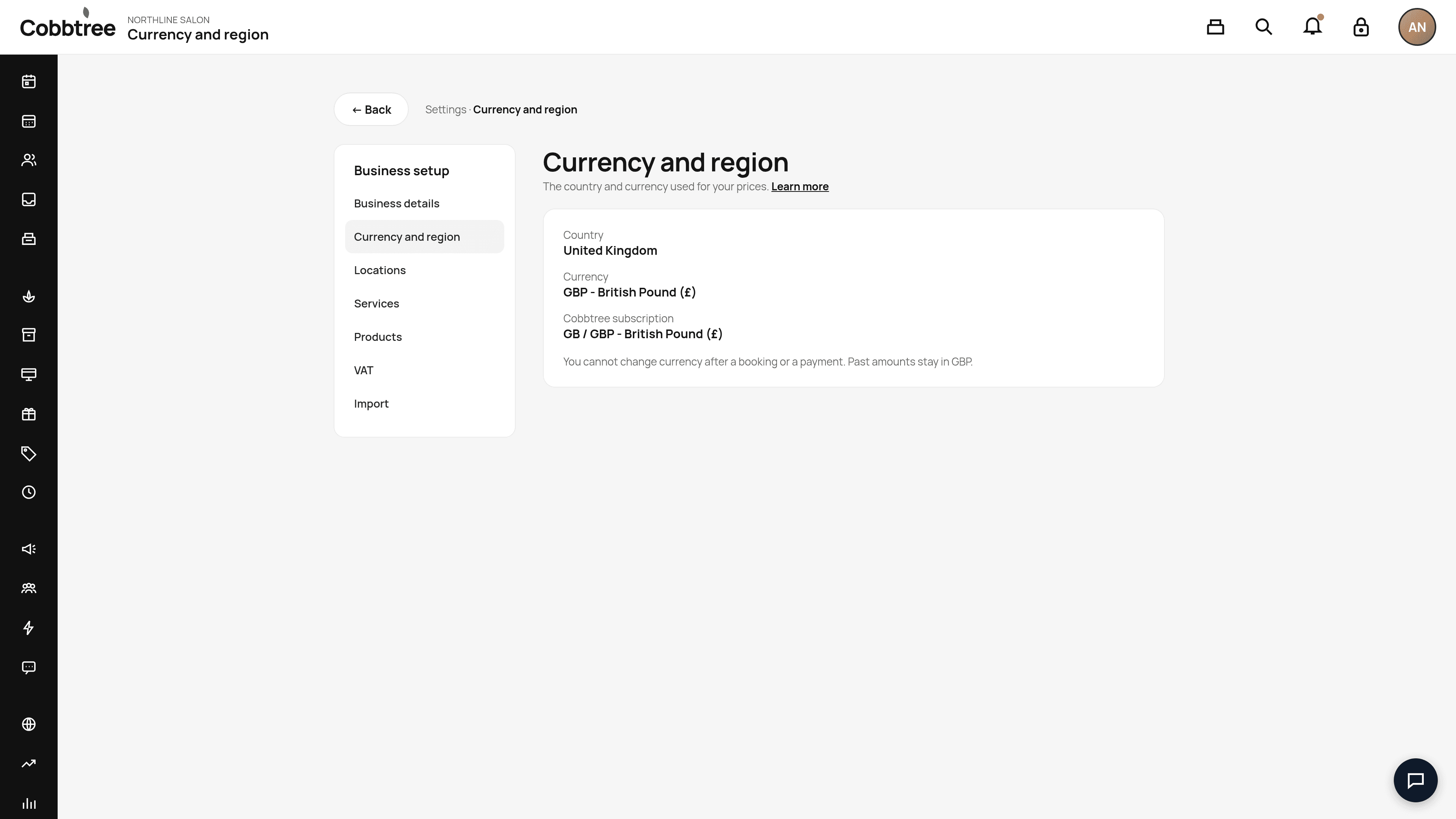 Settings → Currency and region